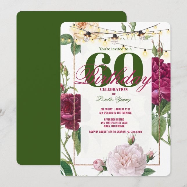 60th Birthday Party, Rose/Pink Flowers Gold Frame  Invitation (Front/Back)