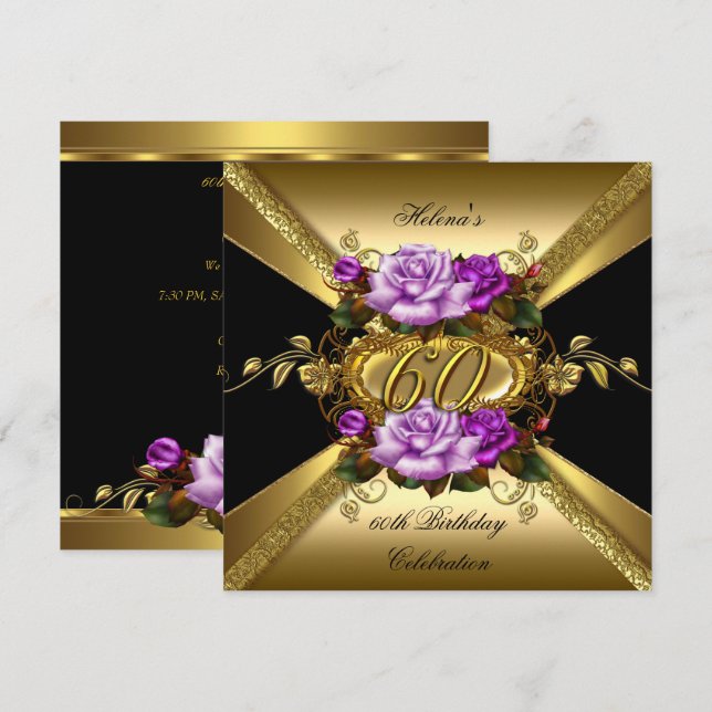 60th Birthday Party Roses Purple Gold Black Invitation (Front/Back)