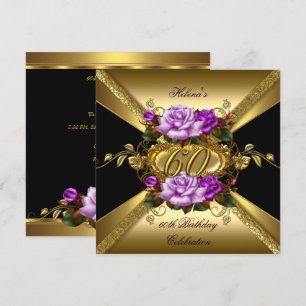 60th Birthday Party Roses Purple Gold Black Invitation