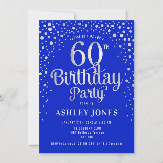 60th Birthday Party - Royal Blue & Silver Invitation (Front)