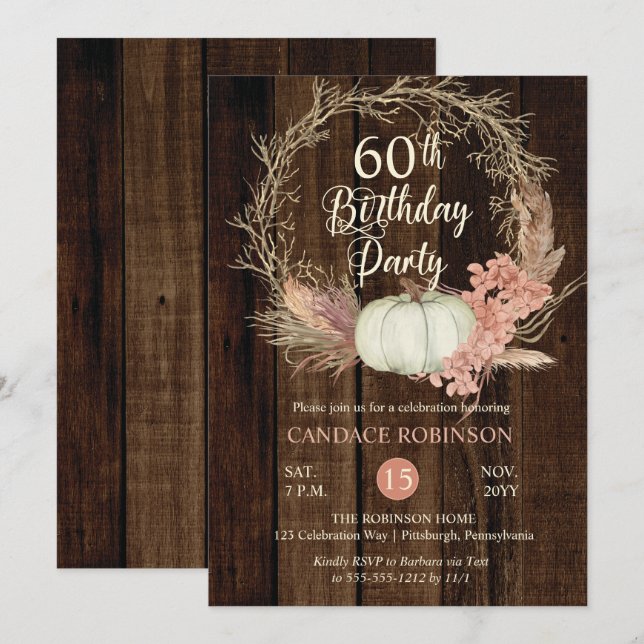 60th Birthday Party - Rustic Pumpkin Pampas Wreath Invitation (Front/Back)