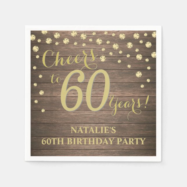 60th Birthday Party Rustic Wood and Gold Diamond Napkin (Front)
