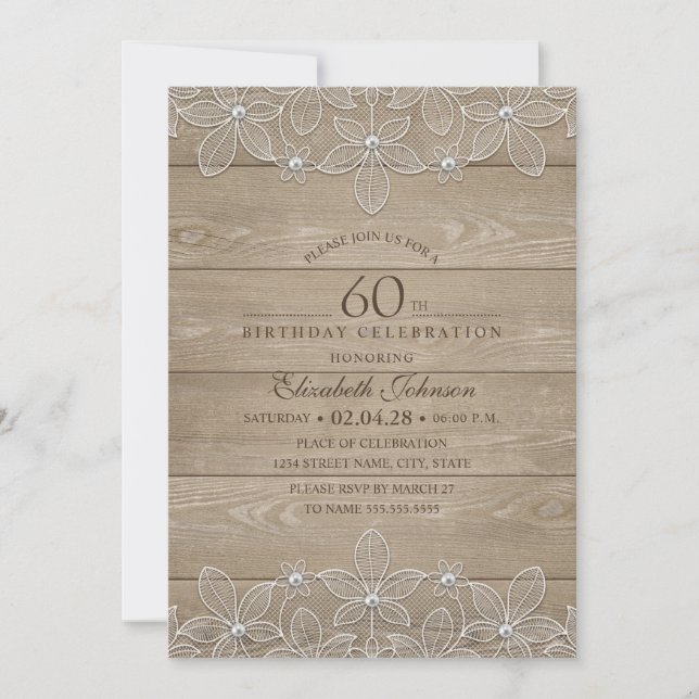 60th birthday party Rustic Wood Unique Lace Invitation (Front)