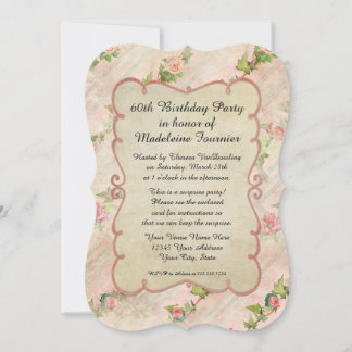60th Birthday Party Scroll Frame w Vintage Roses Invitation