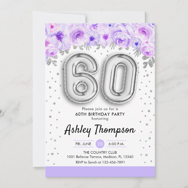 60th Birthday Party - Silver Balloons Purple Invitation (Front)