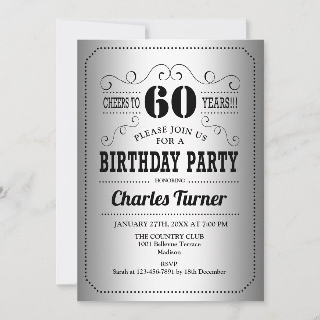 60th Birthday Party - Silver Black Invitation (Front)