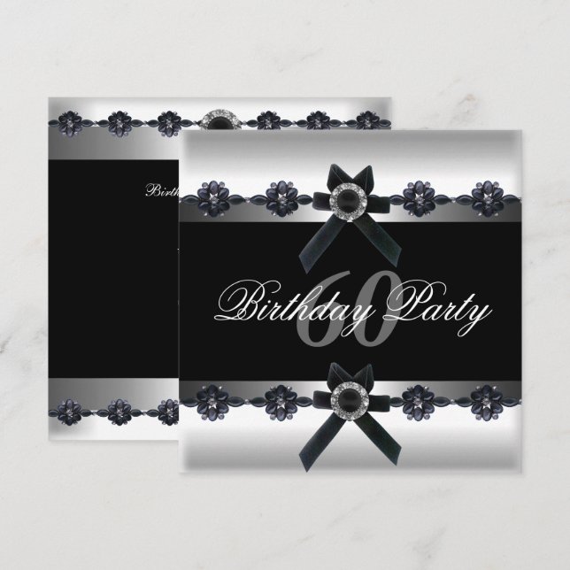 60th Birthday Party Silver Black White Diamond Invitation (Front/Back)