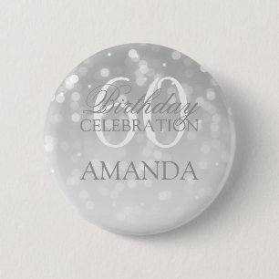 60th Birthday Party Silver Bokeh Sparkle Lights 6 Cm Round Badge