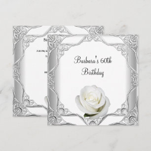 60th Birthday Party Silver Lace White Rose 2 Invitation