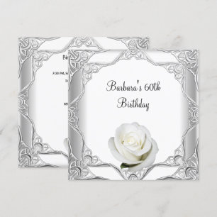 60th Birthday Party Silver Lace White Rose 2 Invitation