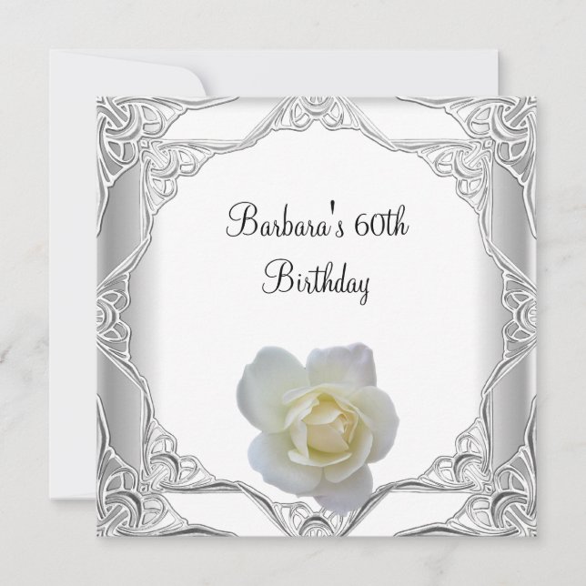 60th Birthday Party Silver Lace White Rose Invitation (Front)