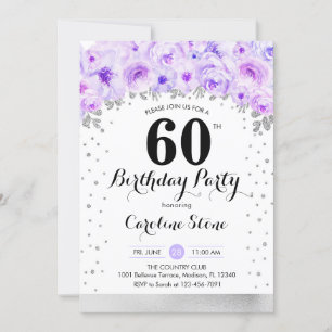 60th Birthday Party - Silver Purple Flowers Invitation