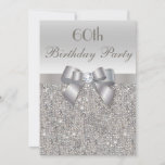 60th Birthday Party Silver Sequins, Bow & Diamond Invitation<br><div class="desc">Woman's 60th birthday party invitations. Elegant custom silver sixtieth / sixty years old Birthday Party invitations for women with a pretty silver printed sequins pattern, a cute silver bow and ribbon image and printed diamond bling jewel. These sophisticated, classy, stylish, glamourous personalised invites are decorated on both sides. Beautiful, chic,...</div>