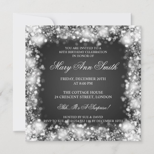 60th Birthday Party Silver Sparkling Lights Invitation (Front)