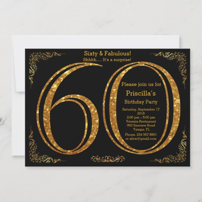 60th,Birthday party, Sixty, Gatsby, black & gold Invitation (Front)