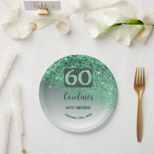 60th Birthday Party Sparkle Green Glitter Paper Plate