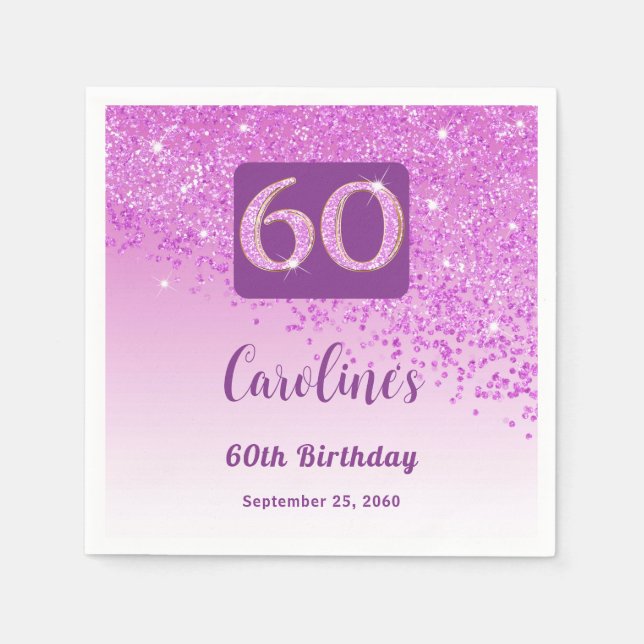 60th Birthday Party Sparkle Pink Glitter Napkin (Front)