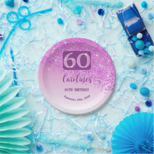 60th Birthday Party Sparkle Pink Glitter Paper Plate