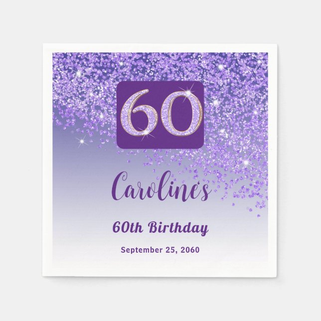 60th Birthday Party Sparkling Purple Glitter Napkin (Front)