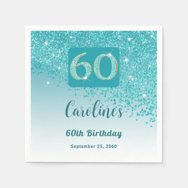 60th Birthday Party Sparkling Teal Blue Glitter Napkin (Front)
