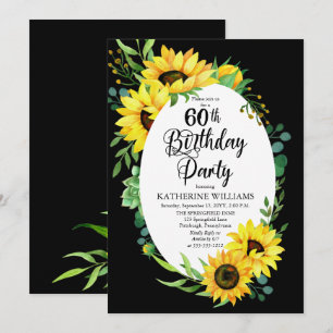 60th Birthday Party Sunflower   Eucalyptus Floral Invitation