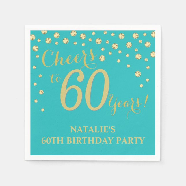 60th Birthday Party Teal and Gold Diamond Napkins (Front)