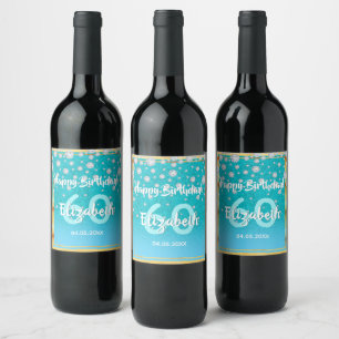 60th birthday party teal blue glitter diamonds wine label