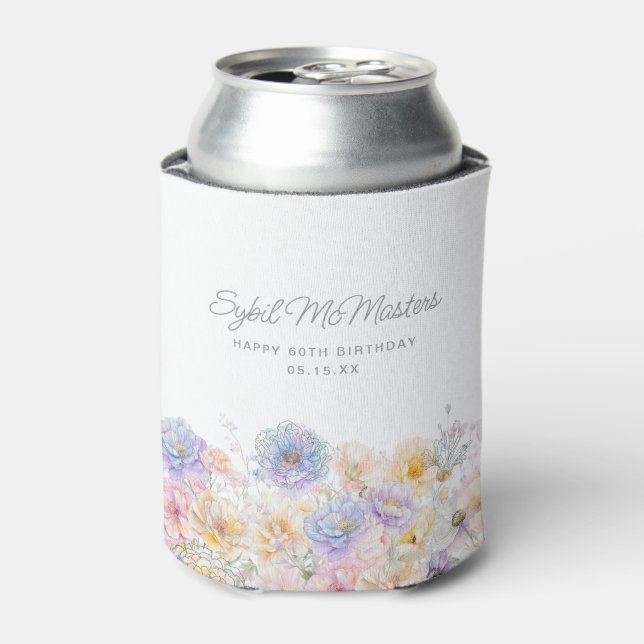 60th Birthday Party Watercolor Floral Custom Can Cooler (Can Front)
