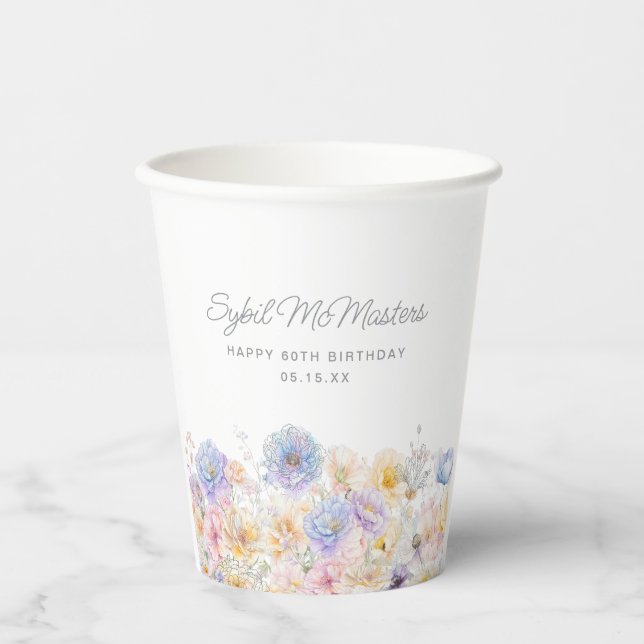 60th Birthday Party Watercolor Floral Custom Paper Cups (Front)