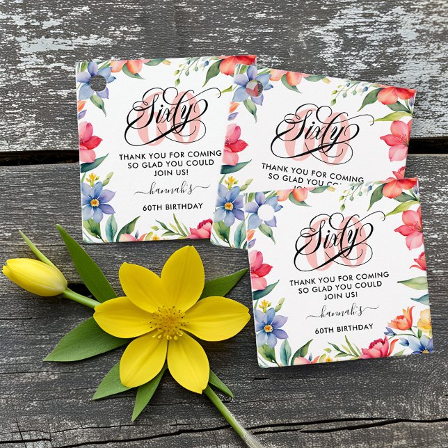 60th Birthday Party Watercolor Floral  Favour Tags (Creator Uploaded)
