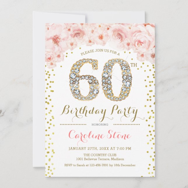 60th Birthday Party - White Gold Pink Invitation (Front)