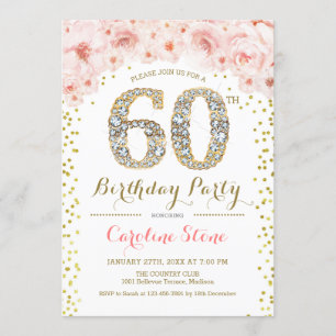 60th Birthday Party - White Gold Pink Invitation