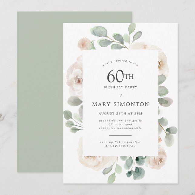 60th Birthday Party White Rose Floral Invitation (Front/Back)