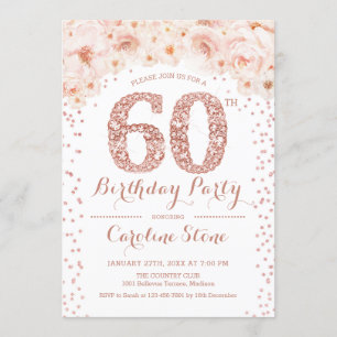 60th Birthday Party - White Rose Gold Invitation