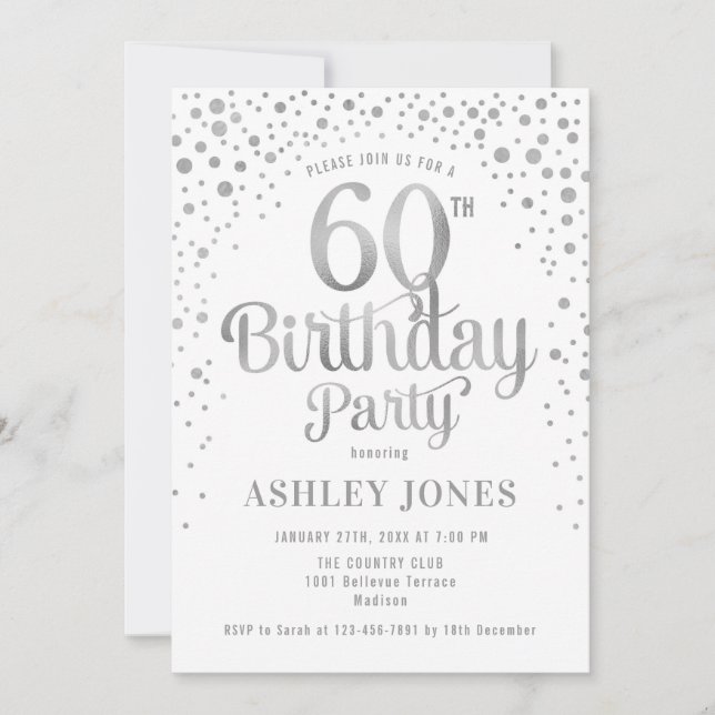 60th Birthday Party - White & Silver Invitation (Front)