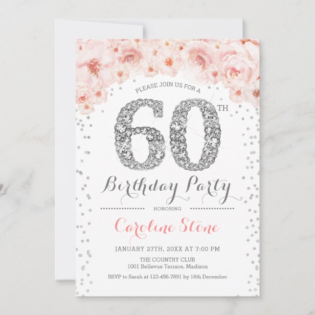 60th Birthday Party - White Silver Pink Invitation (Front)