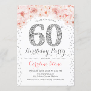 60th Birthday Party - White Silver Pink Invitation