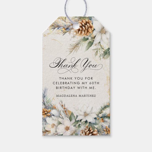 60th Birthday Party White Winter Floral Favour Gift Tags (Front)