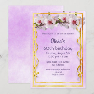 60th birthday party with cherry flowers on violet invitation