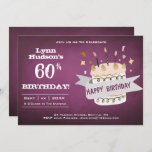 60th Birthday Party With Name Invitation<br><div class="desc">60th Birthday Party With Name Invitation designed for a special someone celebrating a milestone birthday. This card is designed with a Happy Birthday Cake, sparkling golden candles, and large text with the name and party details on a bright purple coloured background. To personalise, simply replace the sample name and event...</div>