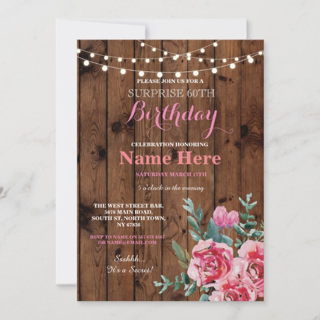 60th Birthday Party Wood Flower Floral Pink Invite (Front)