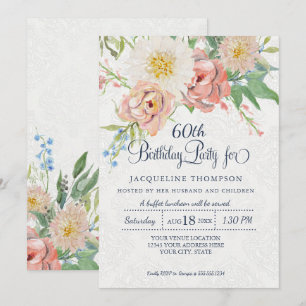 60th Birthday Pastel Blush n White Painted Floral Invitation