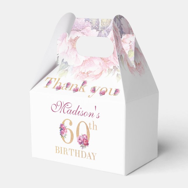 60th Birthday Peonies Pink Gold Glitter Custom Favour Box (Front Side)