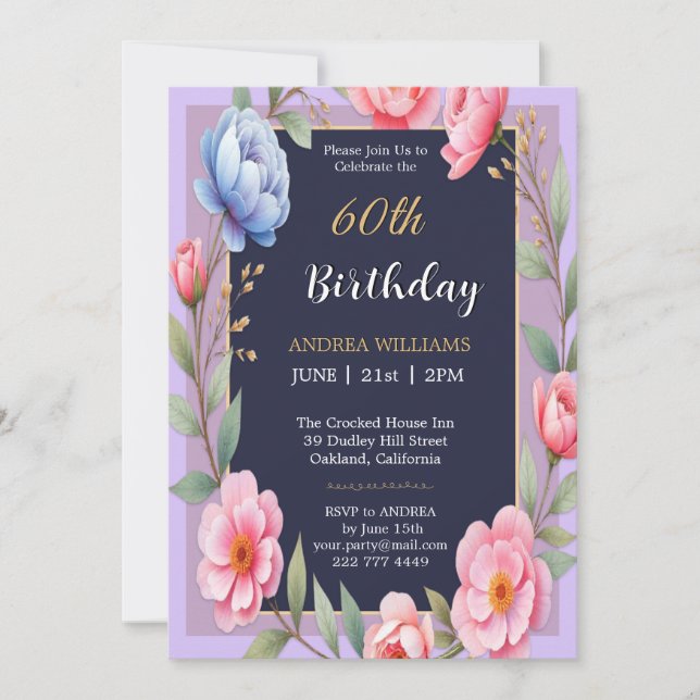 60th Birthday Peonny Flower Roses Wildflowers Invitation (Front)
