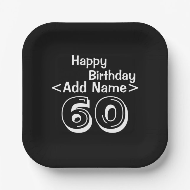 60th Birthday Personalised Black Paper Plate (Front)