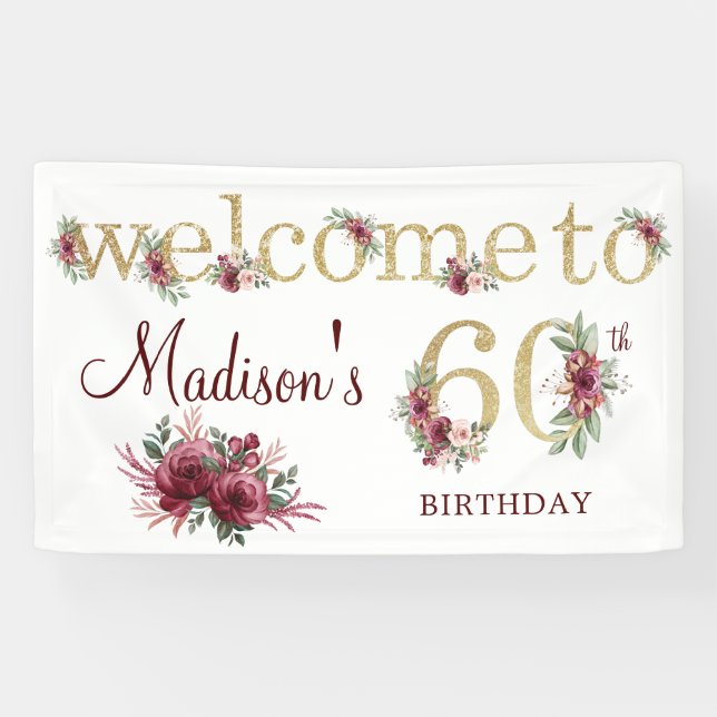 60th Birthday Personalised Burgundy Gold Banner (Horizontal)