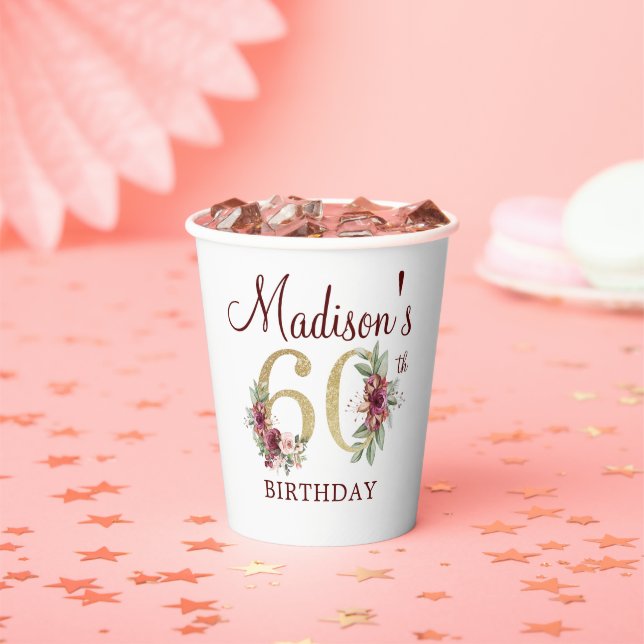 60th Birthday Personalised Burgundy Gold Floral Paper Cups (Insitu)