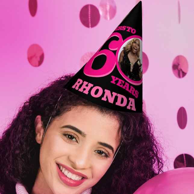 60th birthday personalised photo pink black party hat (Creator Uploaded)