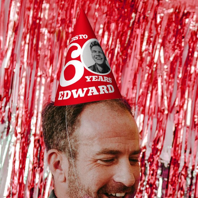 60th birthday personalised photo white red party hat (Creator Uploaded)