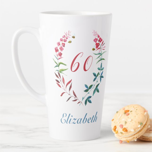 60th Birthday Personalised Pink Floral Feminine Latte Mug (In Situ)